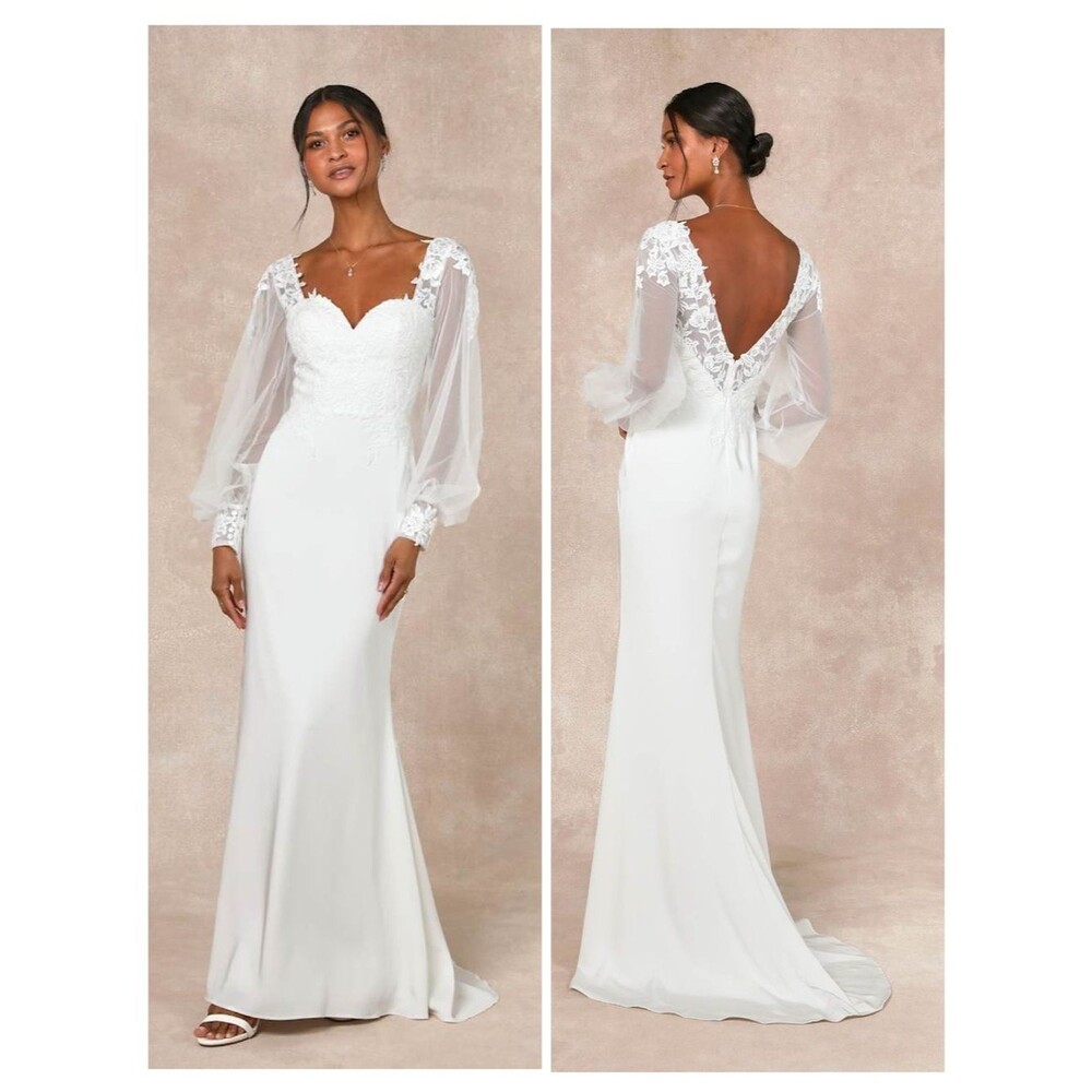 Lulus Timeless Adoration White Embroidered Bishop Sleeve Maxi Dress Size Medium